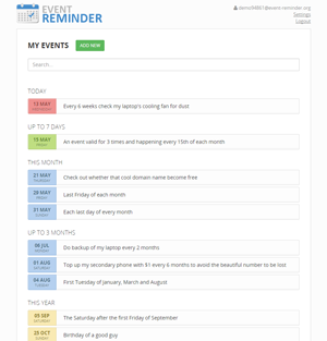 Event-Reminder.org - event list interface